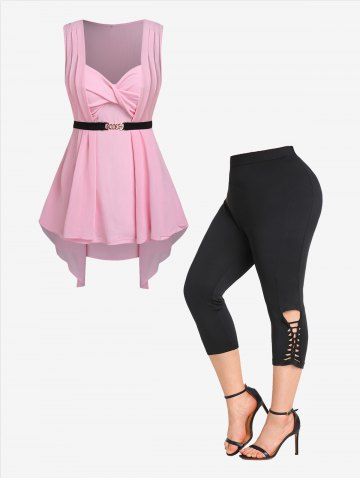Twist Pleated Asymmetric Twofer Tank Top and Hollow Out Skinny Leggings Plus Size Outfit