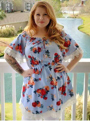 Plus Size Off The Shoulder Lace Up Floral Print Blouse - SEA BLUE - 1X