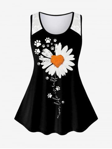 Plus Size Flower Cat Paw Print Shoulder Lace Tank Top