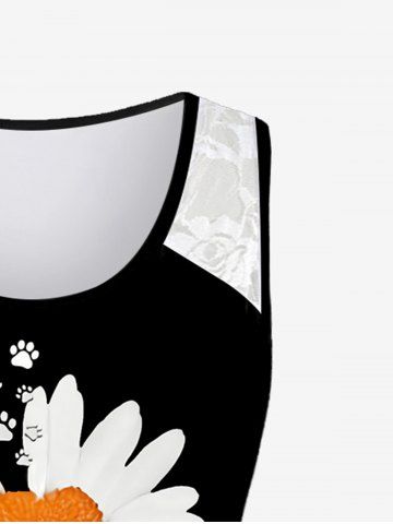 Plus Size Flower Cat Paw Print Shoulder Lace Tank Top