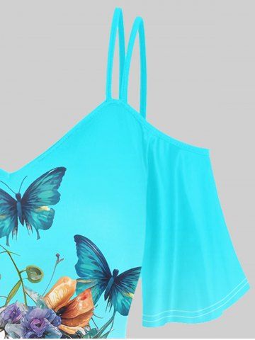 Gothic Ombre Butterfly Skull Print Cold Shoulder T-Shirt