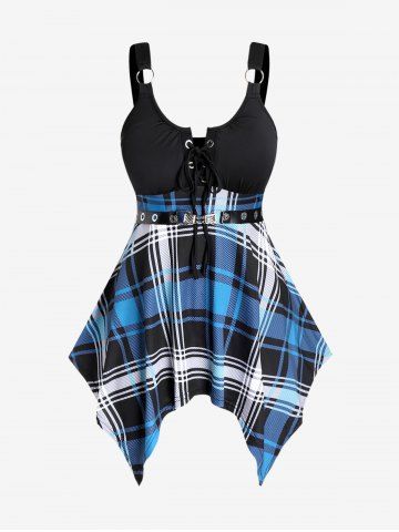 Plus Size Plaid PU Leather Ring Buckle Grommets Lace Up Cami Top - BLUE - M | US 10