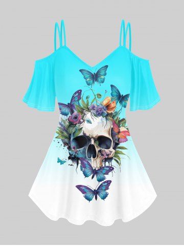 Gothic Ombre Butterfly Skull Print Cold Shoulder T-Shirt - GREEN - 5X | US 30-32