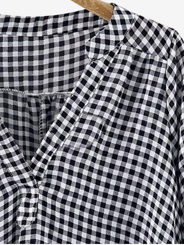 Plus Size V Neck Roll Up Sleeve Checked Blouse
