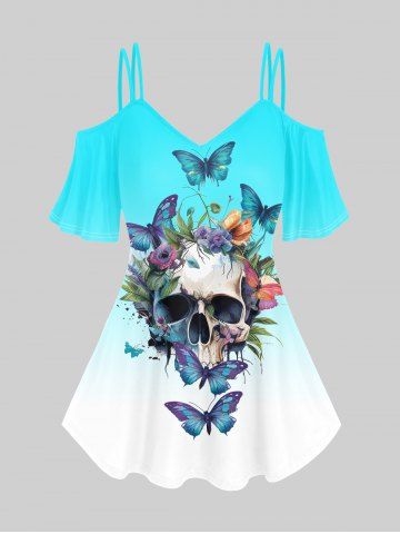 Gothic Ombre Butterfly Skull Print Cold Shoulder T-Shirt - GREEN - 3X | US 22-24