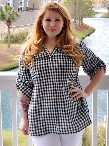Plus Size V Neck Roll Up Sleeve Checked Blouse - BLACK - M | US 10