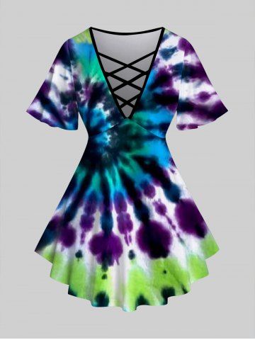Plus Size Tie Dye Print Crisscross V Neck Short Sleeve T-Shirt