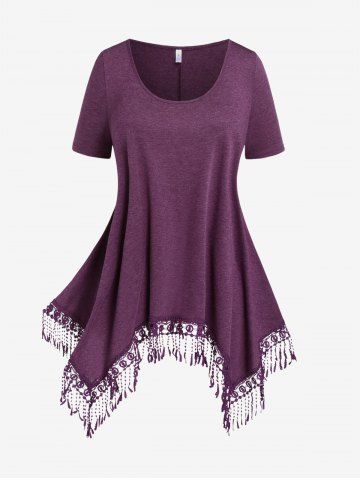 Plus Size Tassel Hollow Out Lace Trim Short Sleeves T-Shirt - PURPLE - L | US 12