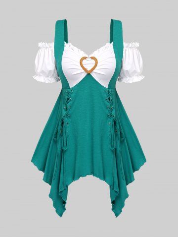 Plus Size Lace Up Heart Buckle Handkerchief Short Sleeves T-Shirt - GREEN - M | US 10