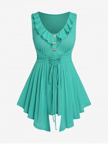 Plus Size Lace Up Heart Button Ruched Ruffles Tank Top - LIGHT GREEN - L | US 12