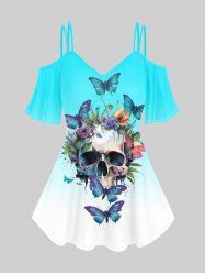 Gothic Ombre Butterfly Skull Print Cold Shoulder T-Shirt -  