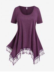 Plus Size Tassel Hollow Out Lace Trim Short Sleeves T-Shirt -  