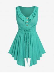 Plus Size Lace Up Heart Button Ruched Ruffles Tank Top -  