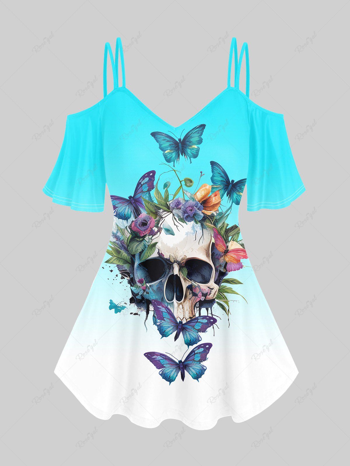 Sale Gothic Ombre Butterfly Skull Print Cold Shoulder T-Shirt  