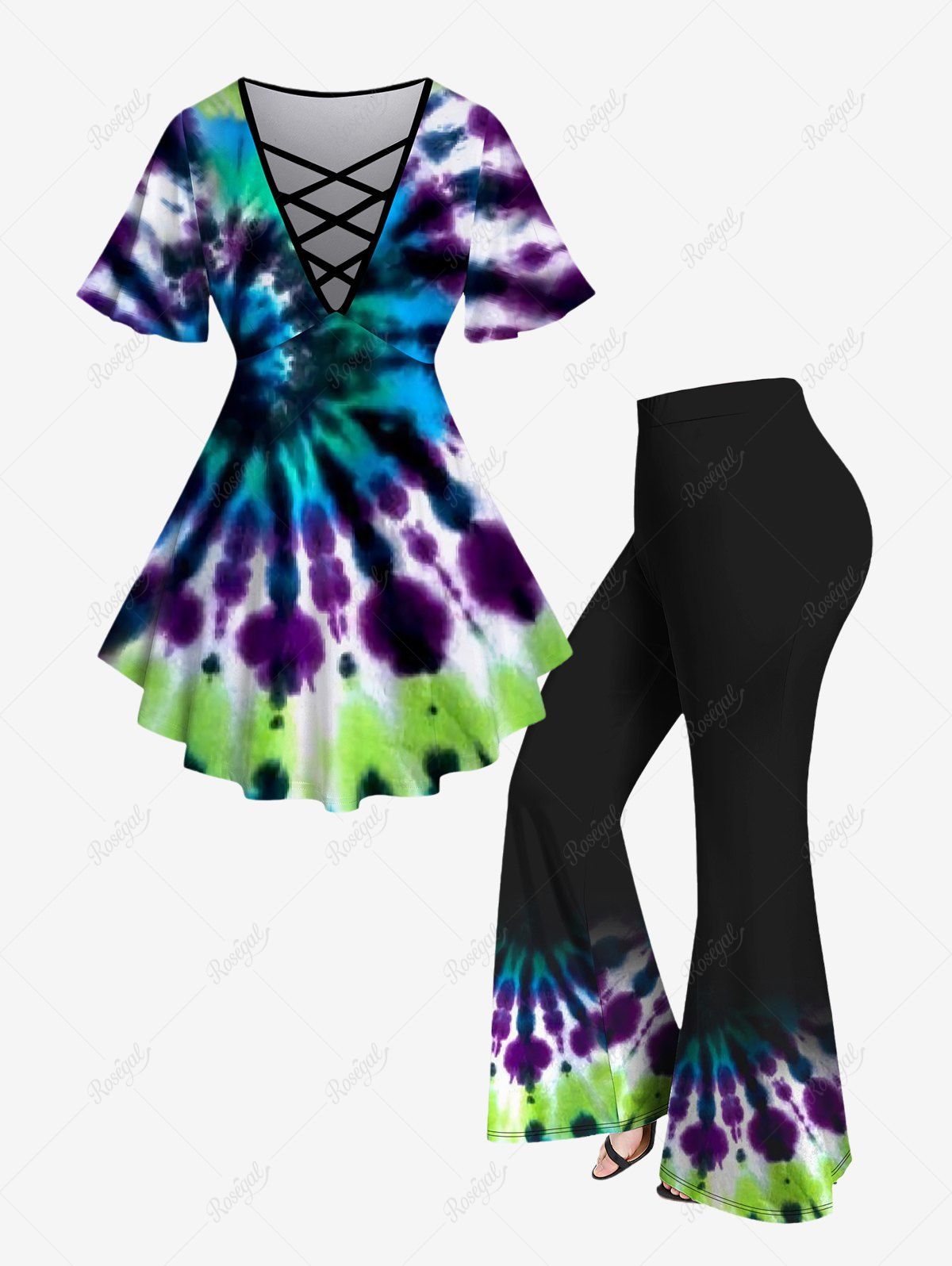 Online Plus Size Tie Dye Printed Crisscross V Neck Short Sleeve T-Shirt and Flare Pants Outfit  