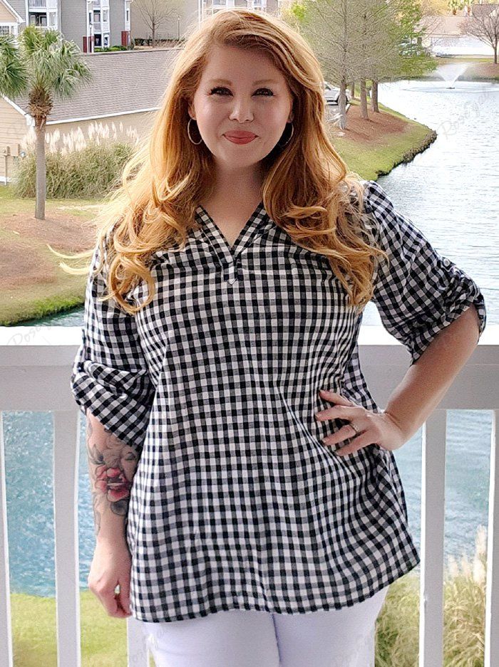 New Plus Size V Neck Roll Up Sleeve Checked Blouse  