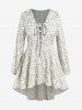 Plus Size Plaid Daisy Print Lace-Up High Low Hem Blouse -  