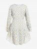 Plus Size Plaid Daisy Print Lace-Up High Low Hem Blouse -  