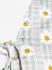 Plus Size Plaid Daisy Print Lace-Up High Low Hem Blouse -  