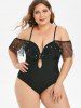 Plus Size Faux Pearl Beading Mesh Flounce Keyhole Swimsuit -  
