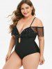 Plus Size Faux Pearl Beading Mesh Flounce Keyhole Swimsuit -  