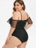 Maillot de Bain Trou de Serrure en Maille de Grande Taille à Volants avec Fausse Perle - Noir 1X