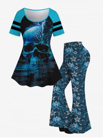 Gothic Skull Printed Short Sleeve T-Shirt and Stars Printed Flare Pants Outfit - BLUE