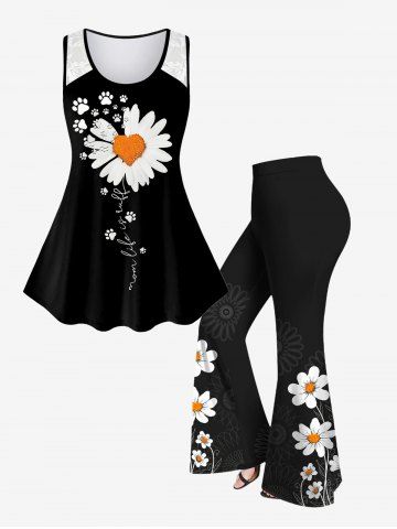 Flower Cat Paw Printed Shoulder Lace Tank Top and Flare Pants Plus Size 70s 80s Outfit - BLACK