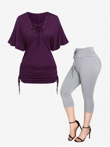 Lace-up Cinched Ruched Batwing Sleeves Solid Tee and Capri Leggings Plus Size Summer Outfit