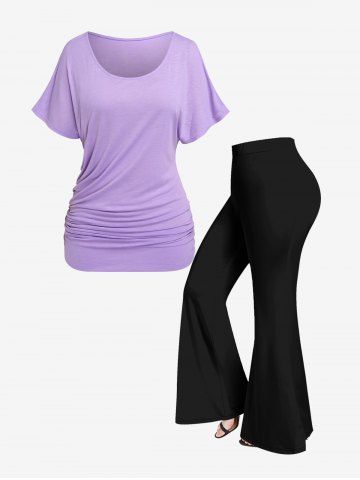Solid Batwing Sleeves Tee and Pull On Flare Pants Plus Size Summer Outfit