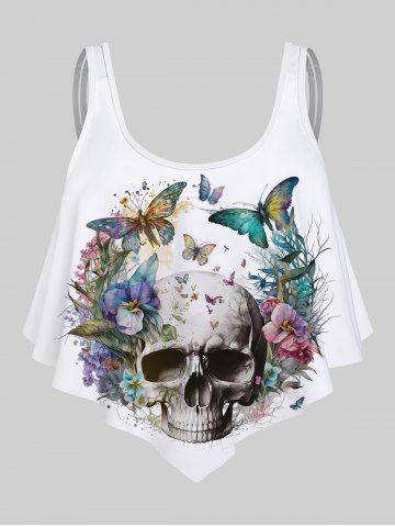Gothic Flower Skull Butterfly Print Tankini Top (Adjustable Shoulder Strap) - WHITE - XS