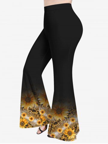Plus Size Sunflowers Print Flare Pants - BLACK - L | US 12