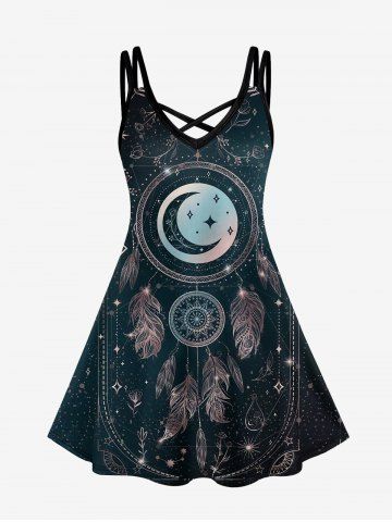 Gothic Dreamcatcher Moon Star Print Crisscross Cami Dress - BLACK - 3X | US 22-24