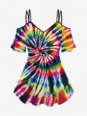 Plus Size Tie-Dye Cold Shoulder T-Shirt - MULTI-A - 5X | US 30-32