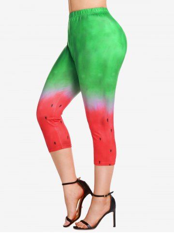 Plus Size Watermelon Print Capri Leggings - GREEN - 1X