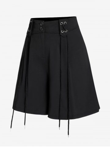 Plus Size Lace Up Button Shorts - BLACK - L | US 12