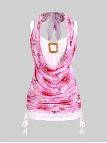 Plus Size Flower Printed Draped Cinched Ruched Backless Halter Tank Top - LIGHT PINK - M | US 10