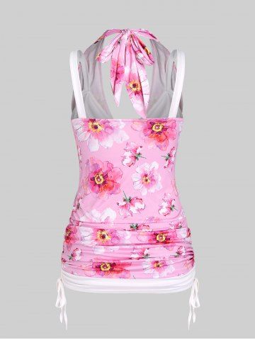 Plus Size Flower Printed Draped Cinched Ruched Backless Halter Tank Top