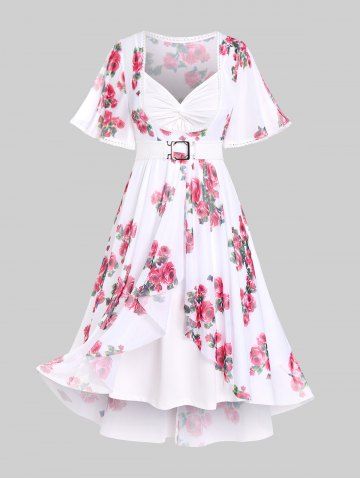 Plus Size Twist Lace Trim Belt Layered Flower Print Dress (Adjustable Shoulder Strap)