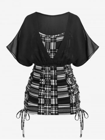 Plus Size Cinched Ruched Semi-sheer Batwing Sleeves Plaid T-shirt - BLACK - M | US 10
