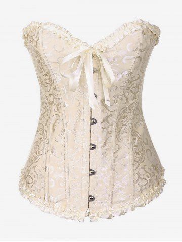 Gothic Frilled Lace-up Overbust Boning Brocade Corset - LIGHT YELLOW - 4XL