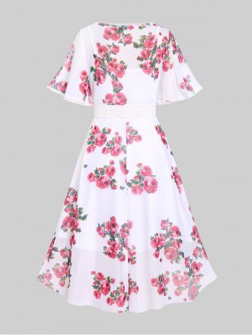 Plus Size Twist Lace Trim Belt Layered Flower Print Dress (Adjustable Shoulder Strap)