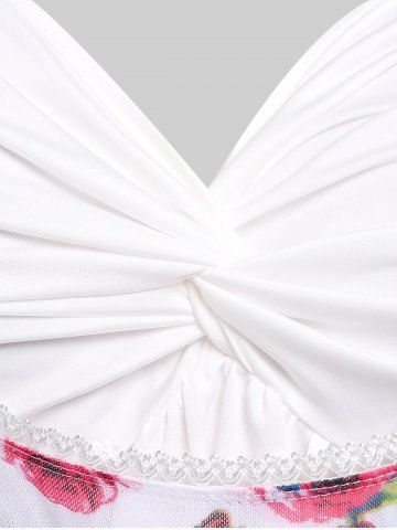 Plus Size Twist Lace Trim Belt Layered Flower Print Dress (Adjustable Shoulder Strap)