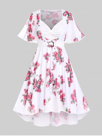 Plus Size Twist Lace Trim Belt Layered Flower Print Dress (Adjustable Shoulder Strap)