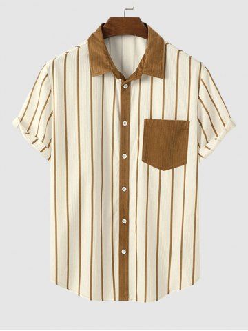 Chemise Rayure Verticale en Blocs de Couleurs avec Poche à Manches Courtes en Velours Côtelé