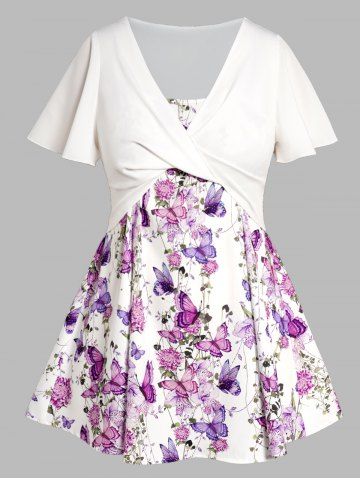 Plus Size Butterfly Flower Leaf Print Mini Cami Dress And Crossover Short Sleeve Top Set - LIGHT PURPLE - L