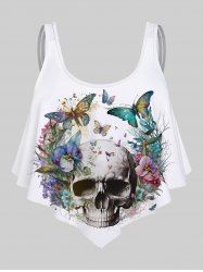 Haut de Tankini Gothique à Bretelle Ajustable Fleur Papillon Crâne Imprimés (à Epaule) - Blanc S