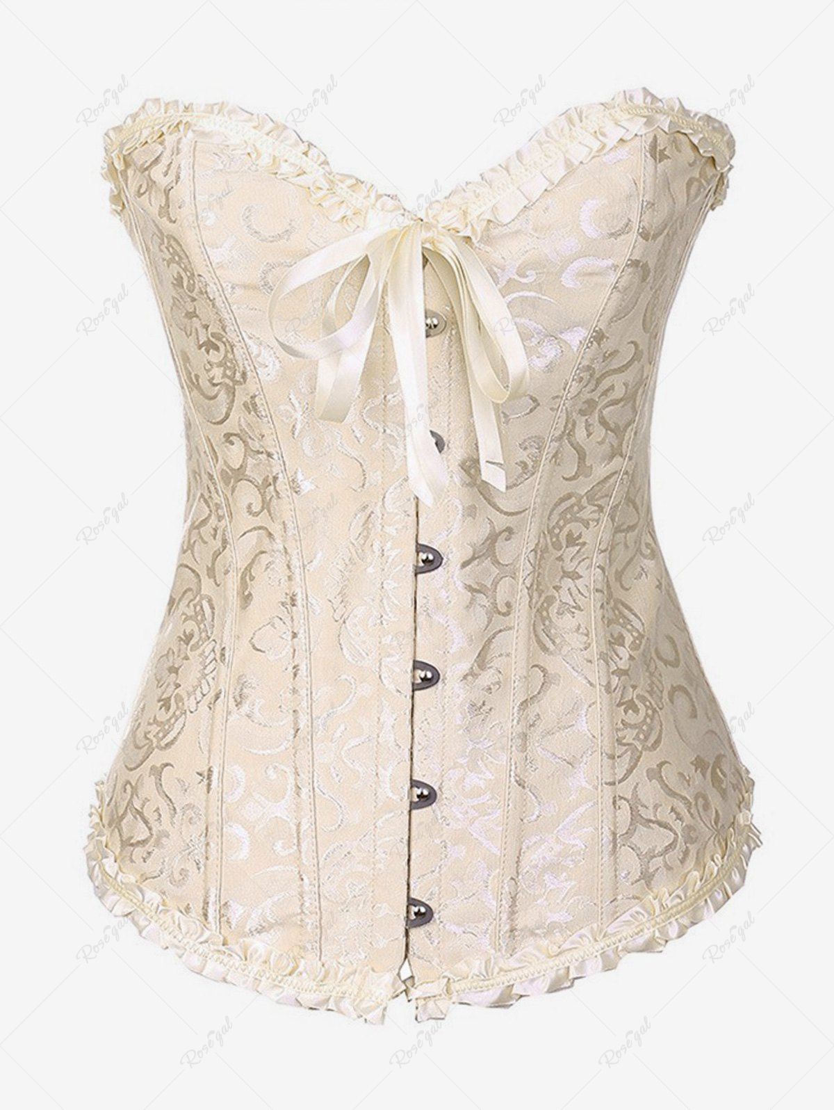 Gothic Frilled Lace-up Overbust Boning Brocade Corset Jaune clair 5XL