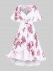 Plus Size Twist Lace Trim Belt Layered Flower Print Dress (Adjustable Shoulder Strap) -  