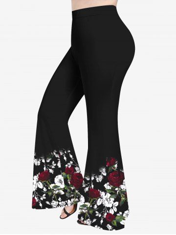 Pantalon Évasé Imprimé à Feuilles et Roses Grande Taille - BLACK - 5X | US 30-32